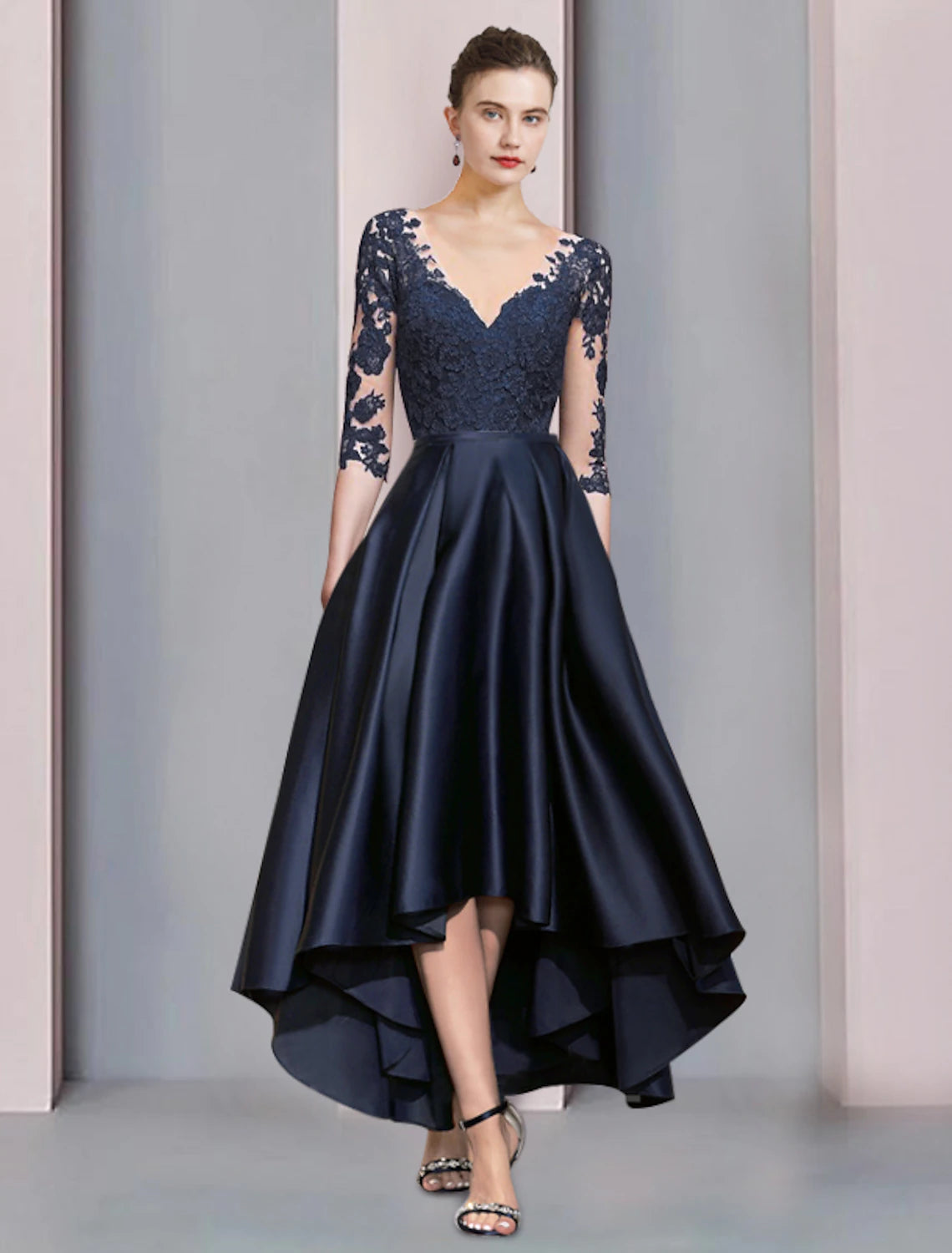 wholesale  A-Line Mother of the Bride Dress Wedding Guest Vintage Sexy V Neck Asymmetrical Satin Lace Half Sleeve with Pleats