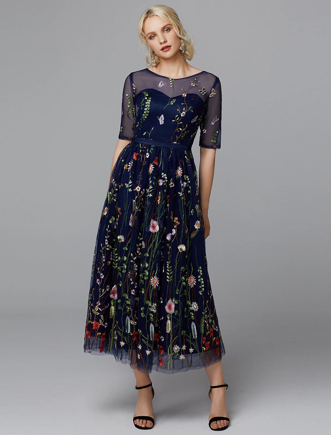 wholesale  A-Line Floral Dress Holiday Wedding Guest Tea Length Half Sleeve Illusion Neck Lace with Embroidery Appliques