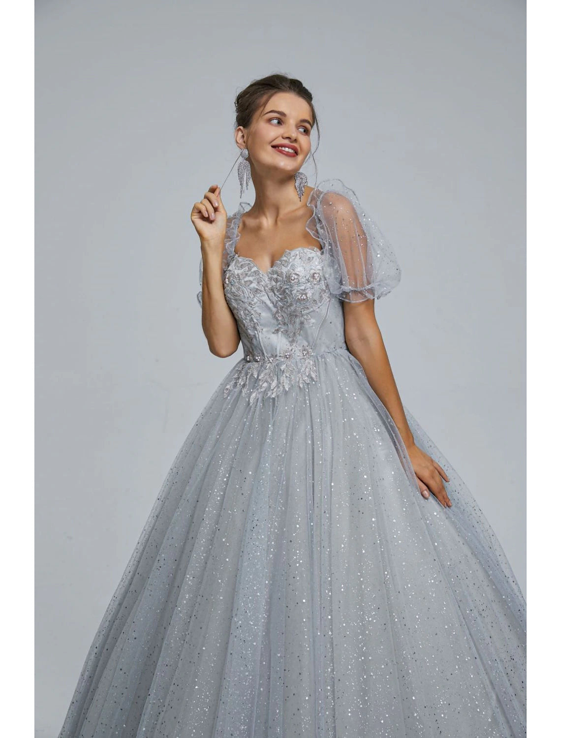 Wholesa Ball Gown Prom Dresses Princess Dress Graduation Quinceanera Floor Length Short Sleeve Sweetheart Tulle with Sequin Appliques