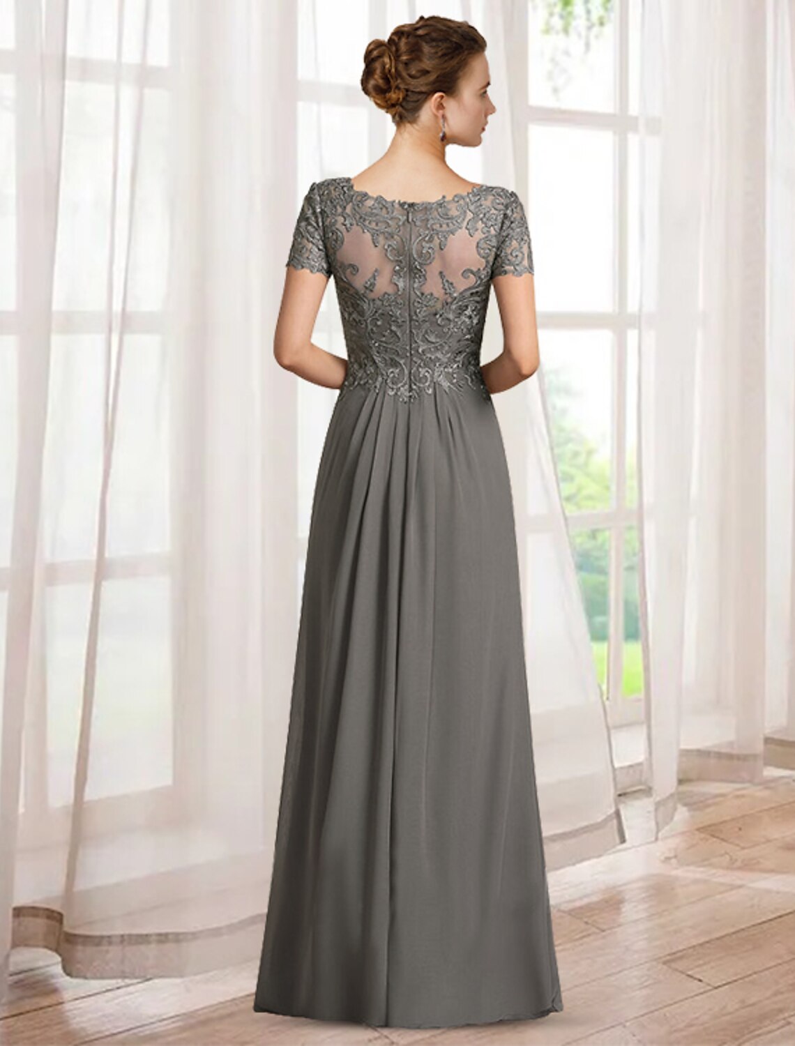 wholesale  Sheath / Column Mother of the Bride Dress Elegant V Neck Floor Length Chiffon Lace Short Sleeve with Appliques