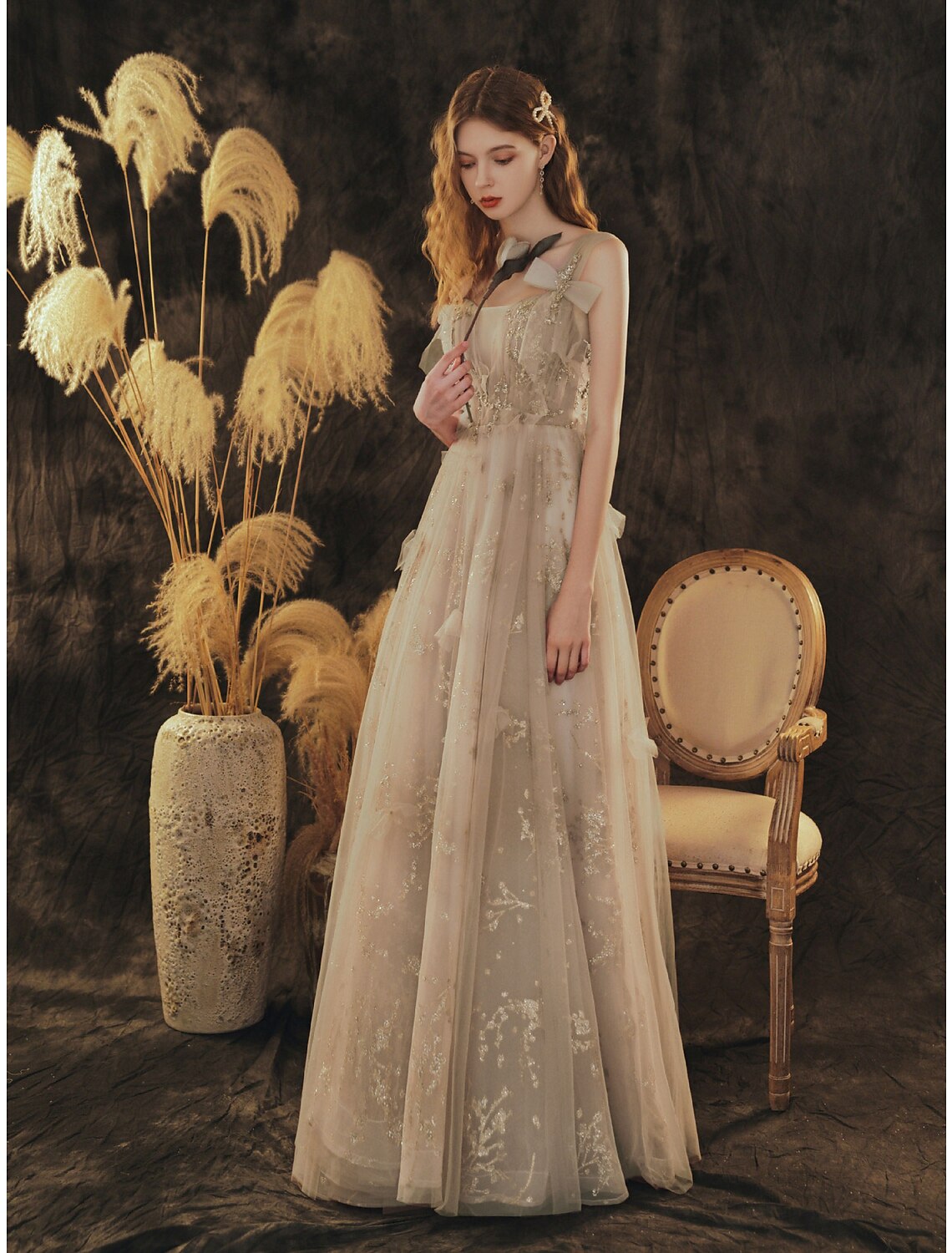 Wholesa A-Line Elegant Floral Engagement Formal Evening Dress Scoop Neck Sleeveless Floor Length Tulle with Bow(s) Pleats