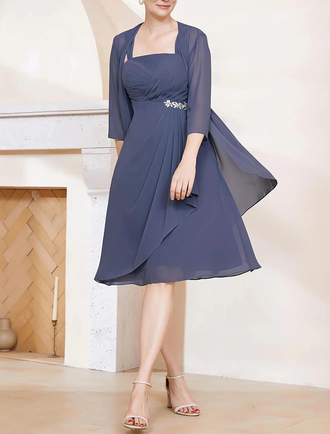 Wholesa Two Piece A-Line Mother of the Bride Dress Formal Wedding Guest Elegant Square Neck Knee Length Chiffon 3/4 Length Sleeve with Appliques Side Draping