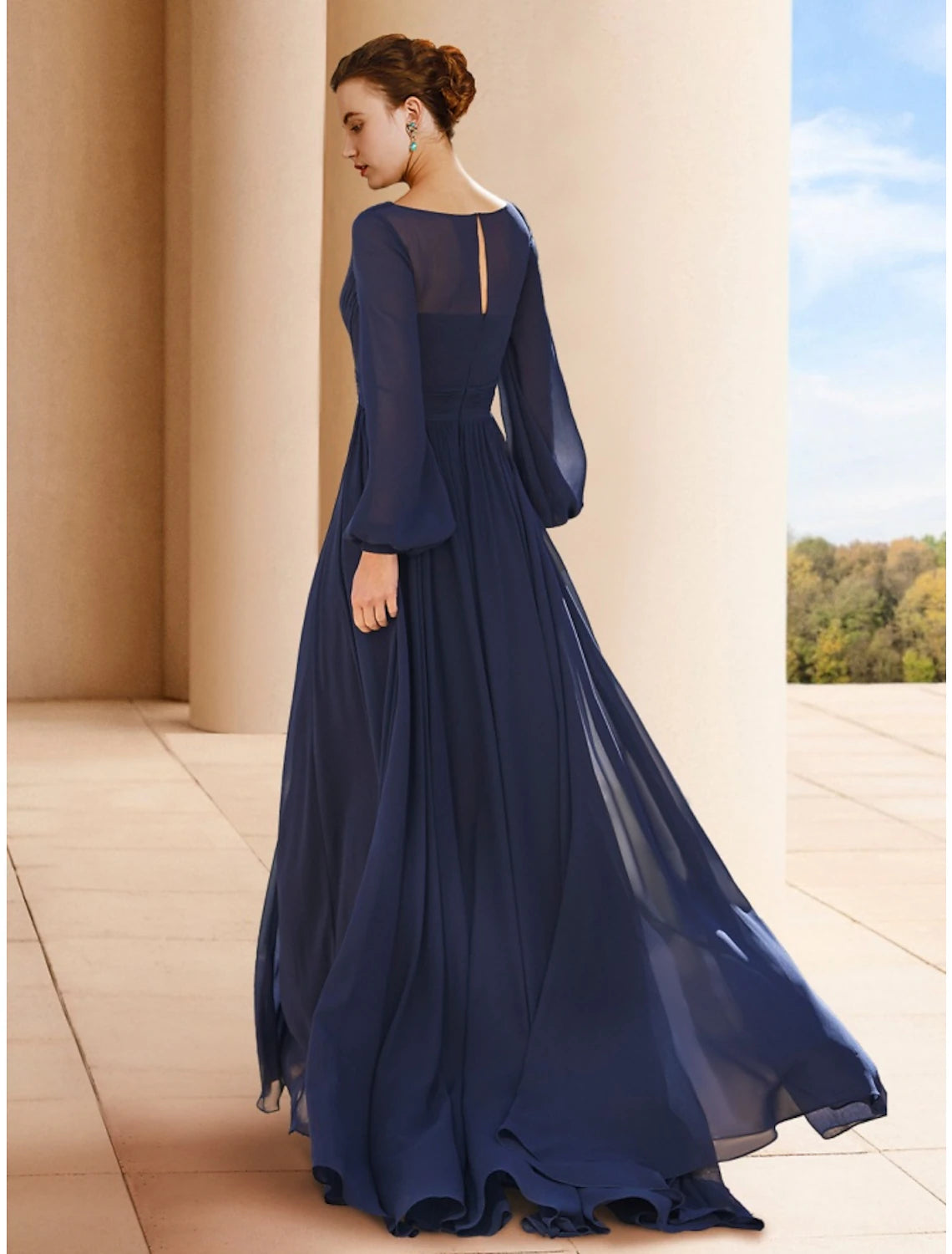 Wholesa  A-Line Mother of the Bride Dress Wedding Guest Elegant V Neck Floor Length Chiffon Long Sleeve with Ruching Solid Color