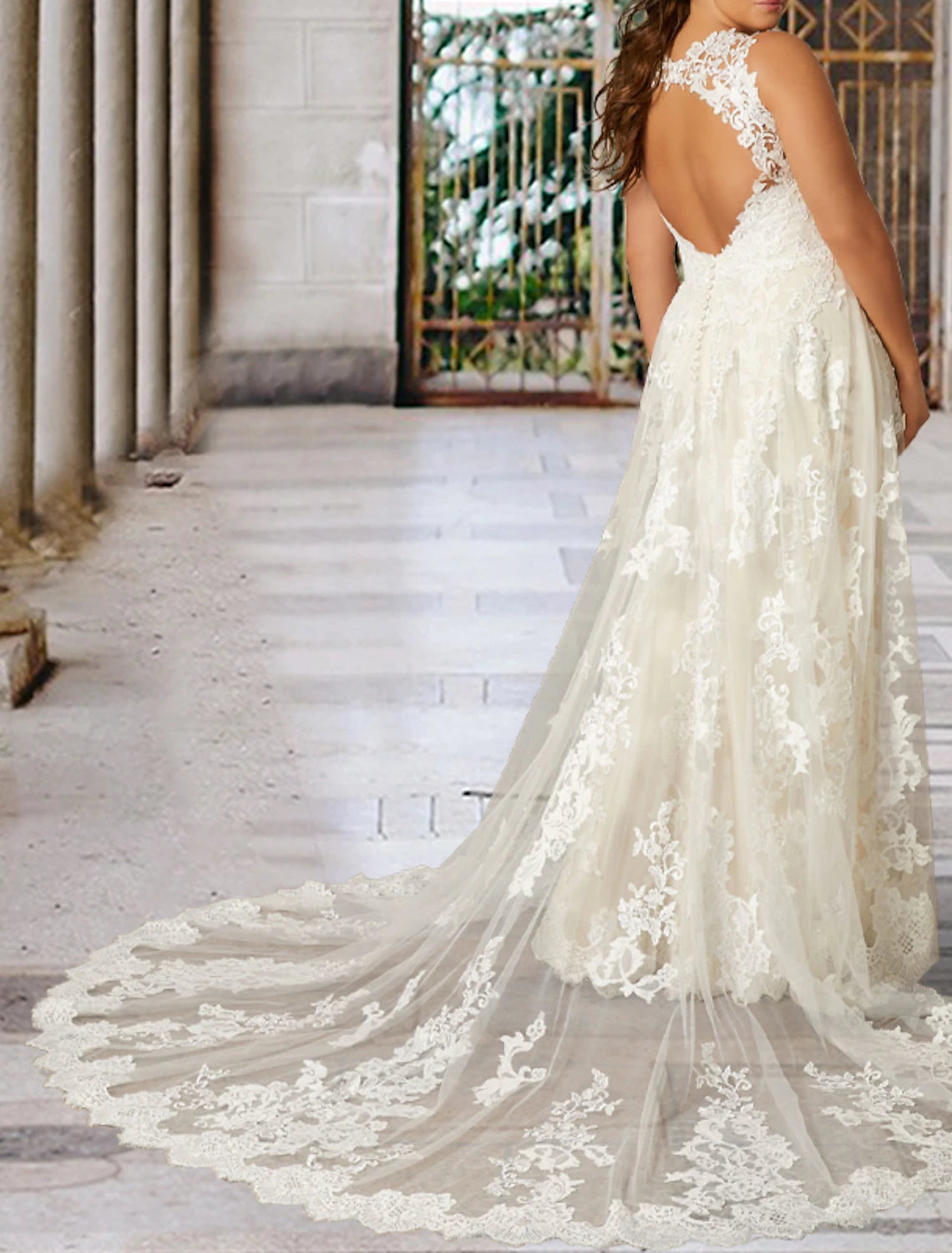 wholesale  A-Line Plus Size Curve Wedding Dresses Luxurious Dress Formal Evening Wedding Party Court Train Sleeveless Jewel Neck Lace with Appliques