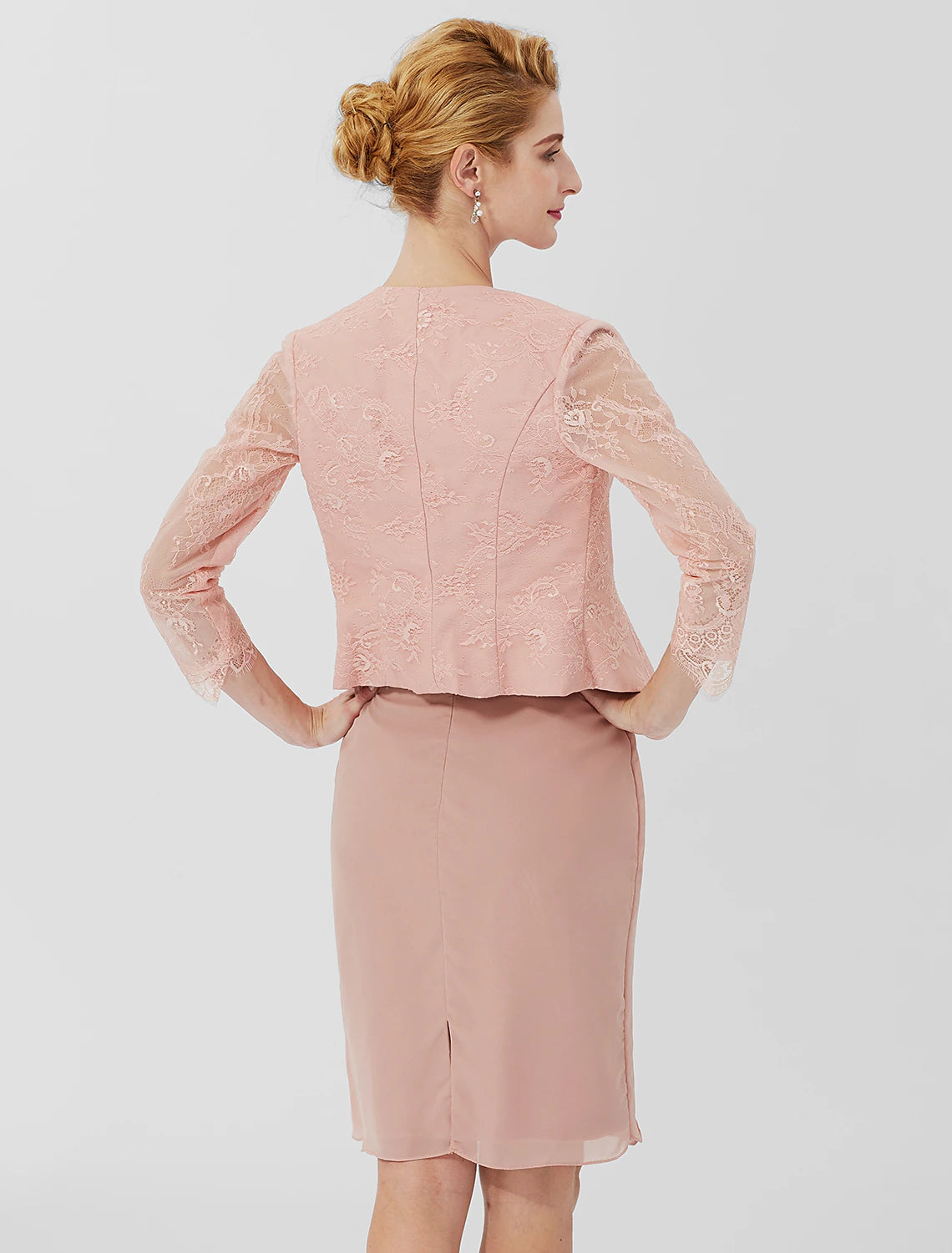 wholesale  Sheath / Column Mother of the Bride Dress Formal Classic & Timeless Elegant & Luxurious Convertible Dress Jewel Neck Knee Length Chiffon Sheer Lace 3/4 Length Sleeve with Sash / Ribbon