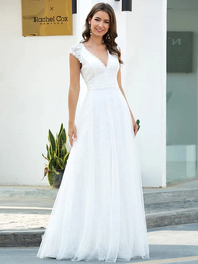 Wholesa Beach Wedding Dresses Floor Length A-Line Short Sleeve V Neck Lace With Lace