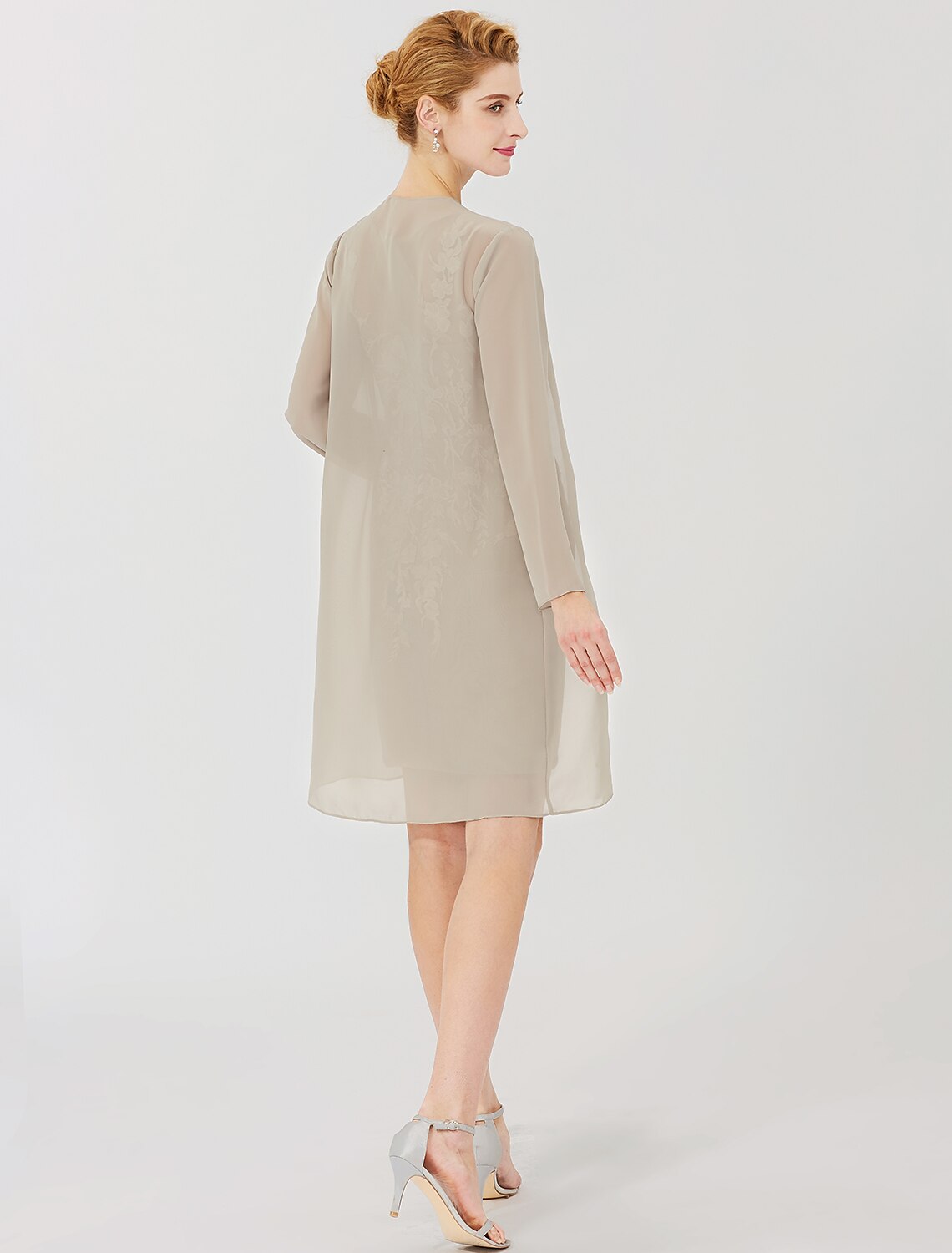 wholesale   Sheath / Column Mother of the Bride Dress Formal Classic & Timeless Elegant & Luxurious Convertible Dress Illusion Neck Knee Length Chiffon All Over Lace Long Sleeve with Appliques