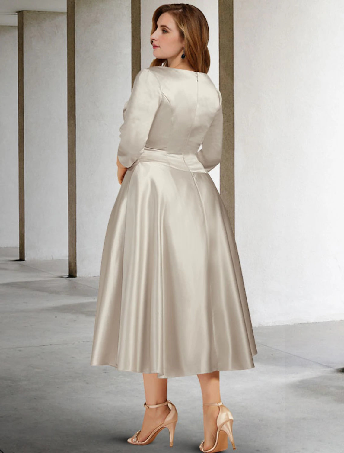 Wholesa  A-Line Mother of the Bride Dresses Plus Size Hide Belly Curve Vintage Dress Formal Tea Length Sleeveless V Neck Satin with Ruched