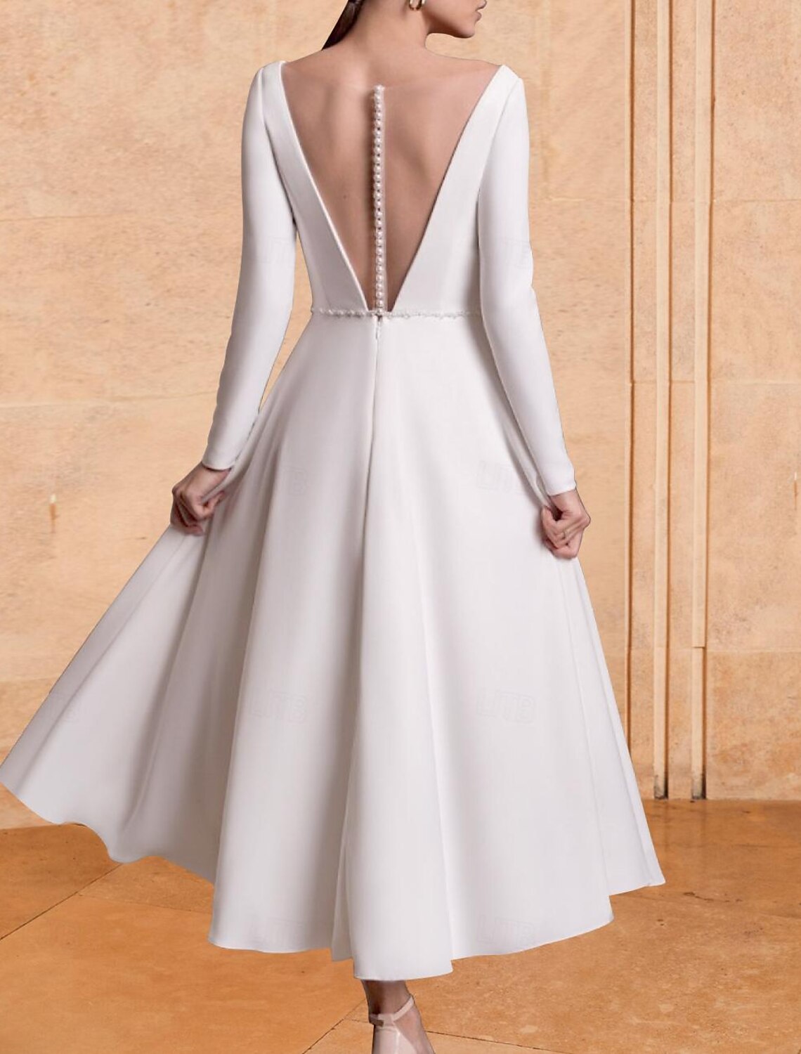 Wholesa Little White Dresses Wedding Dresses A-Line V Neck Long Sleeve Tea Length Chiffon Bridal Gowns With Pleats Solid Color