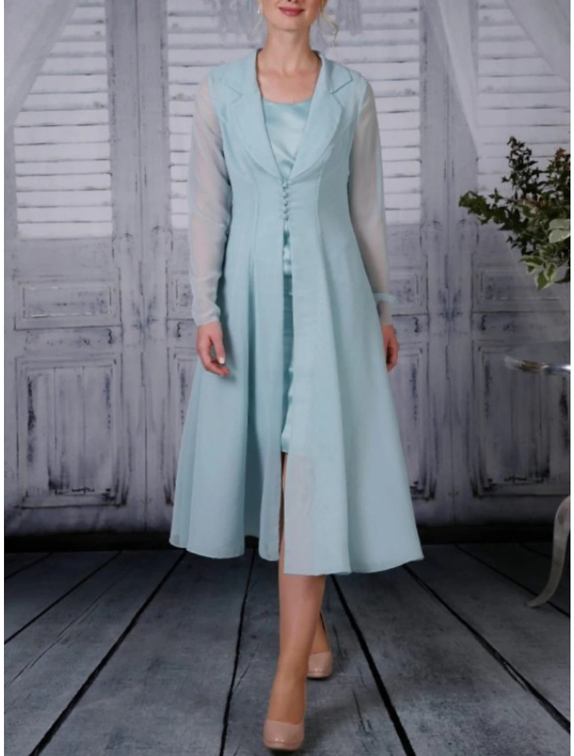 Wholesa Two Piece A-Line Mother of the Bride Dress Wedding Guest Elegant Simple Shirt Collar Tea Length Chiffon Long Sleeve with Pleats Solid Color