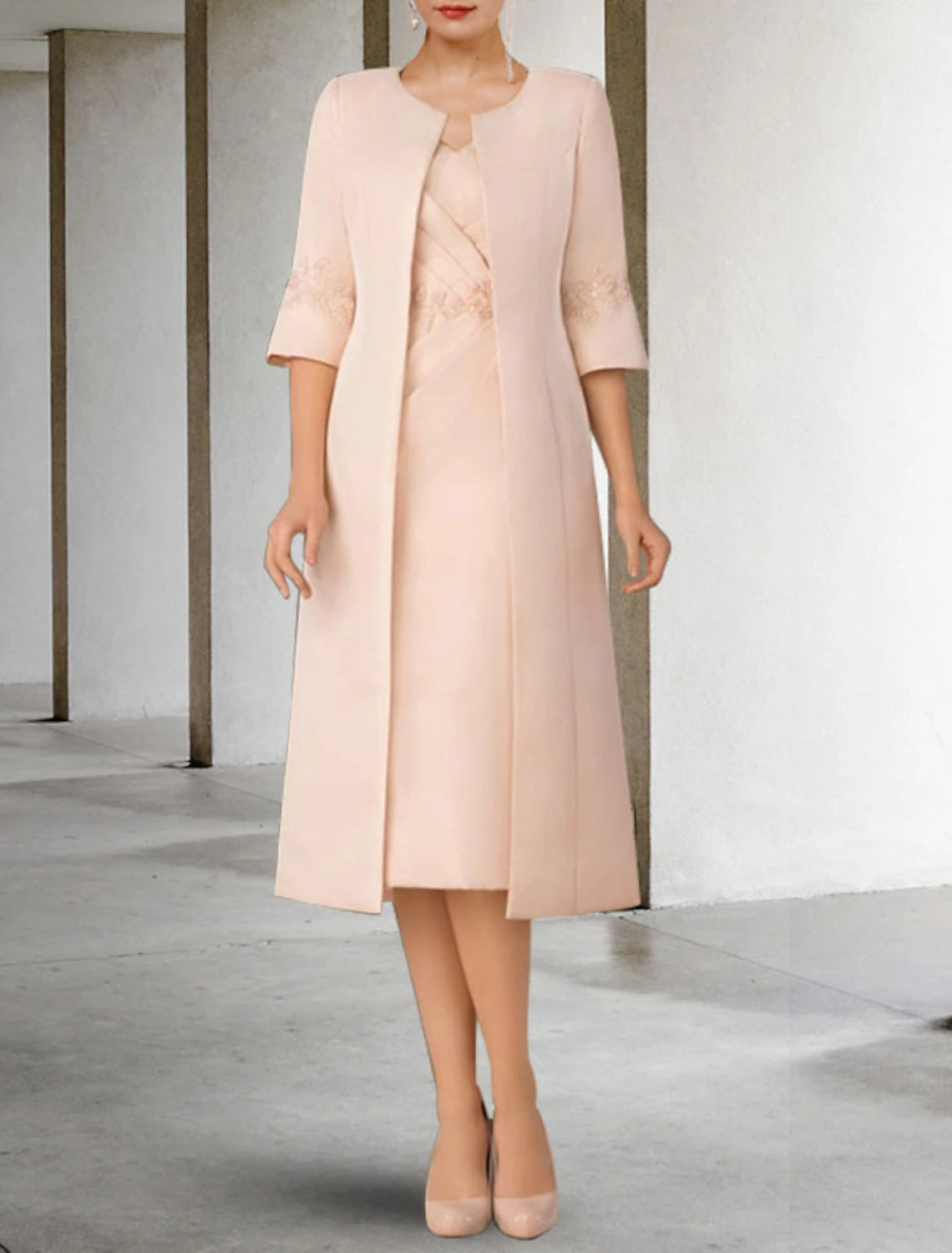 wholesale  Two Piece Sheath / Column Mother of the Bride Dress Church Elegant V Neck Knee Length Lace Stretch Chiffon Short Sleeve Jacket Dresses with Appliques Side-Draped