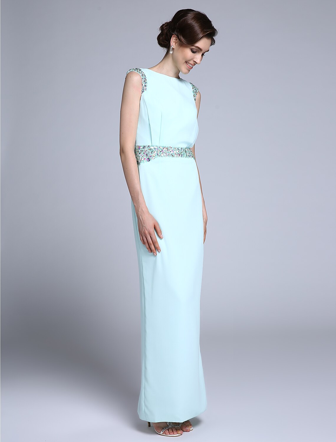 wholesale   Sheath / Column Mother of the Bride Dress Elegant Bateau Neck Ankle Length Chiffon Sleeveless No with Crystals