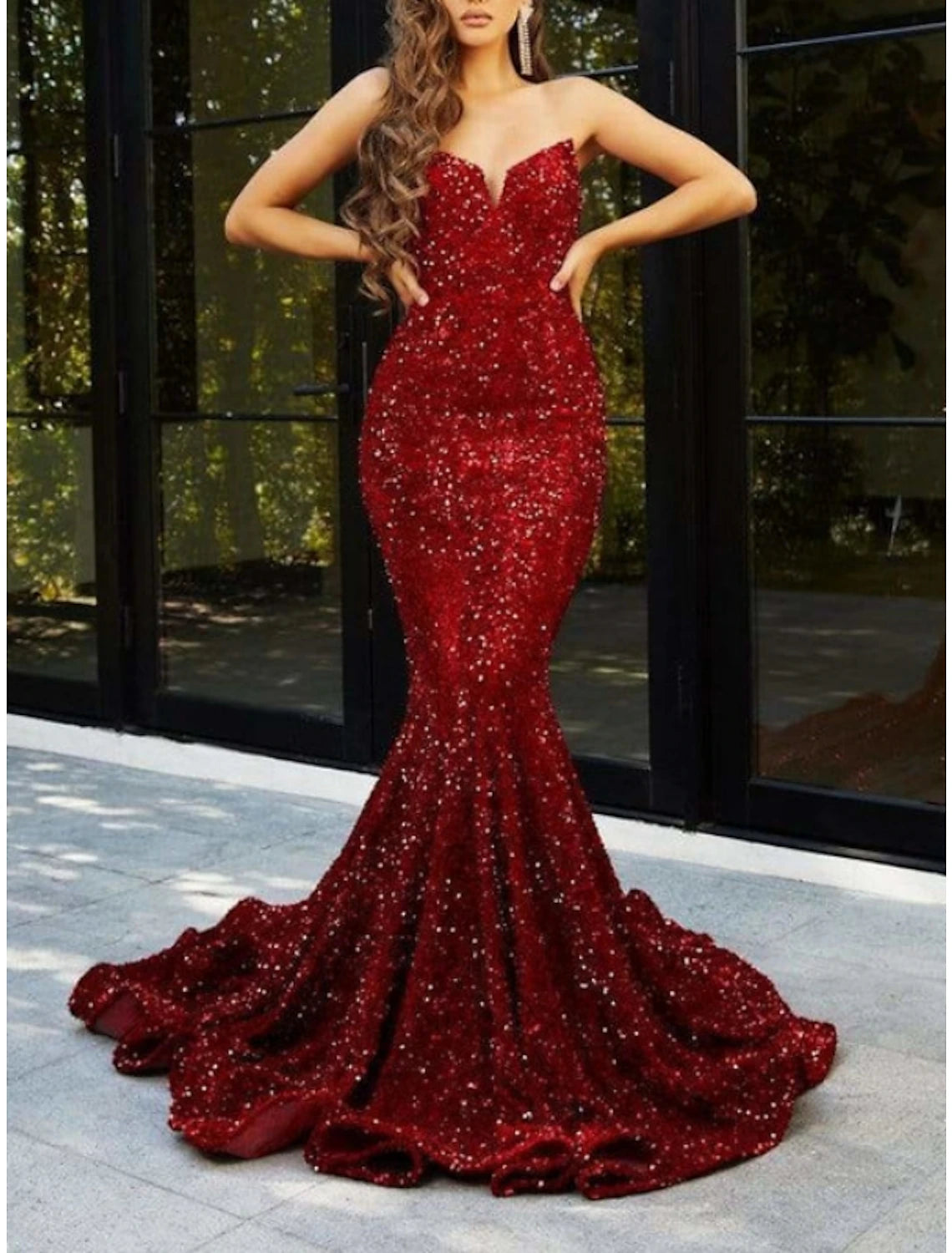 Wholesa Mermaid / Trumpet Evening Gown Celebrity Style Dress Formal Wedding Guest Sweep / Brush Train Sleeveless Sweetheart Sequined with Pleats