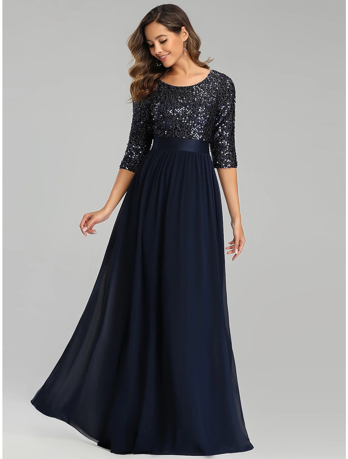 wholesa A-Line Elegant Wedding Guest Formal Evening Dress Jewel Neck 3/4 Length Sleeve Floor Length Tulle with Sequin