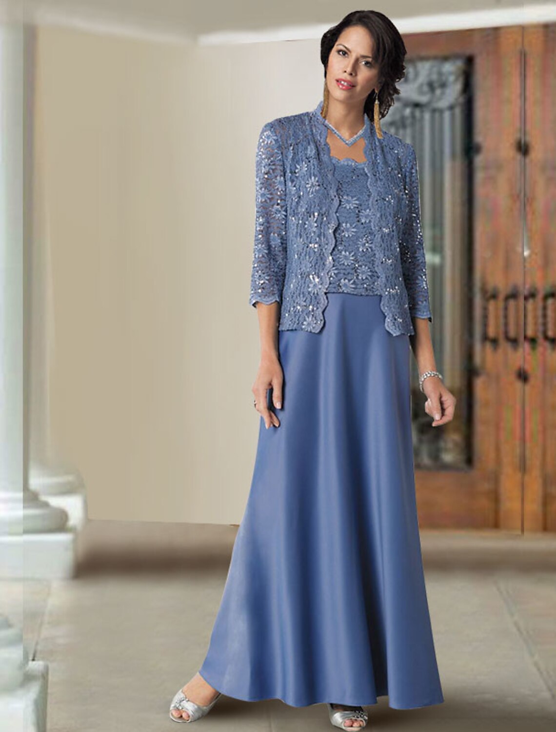 wholesale  Two Piece A-Line Mother of the Bride Dress Elegant Square Neck Spaghetti Strap Floor Length Chiffon Lace Sleeveless Wrap Included with Solid Color