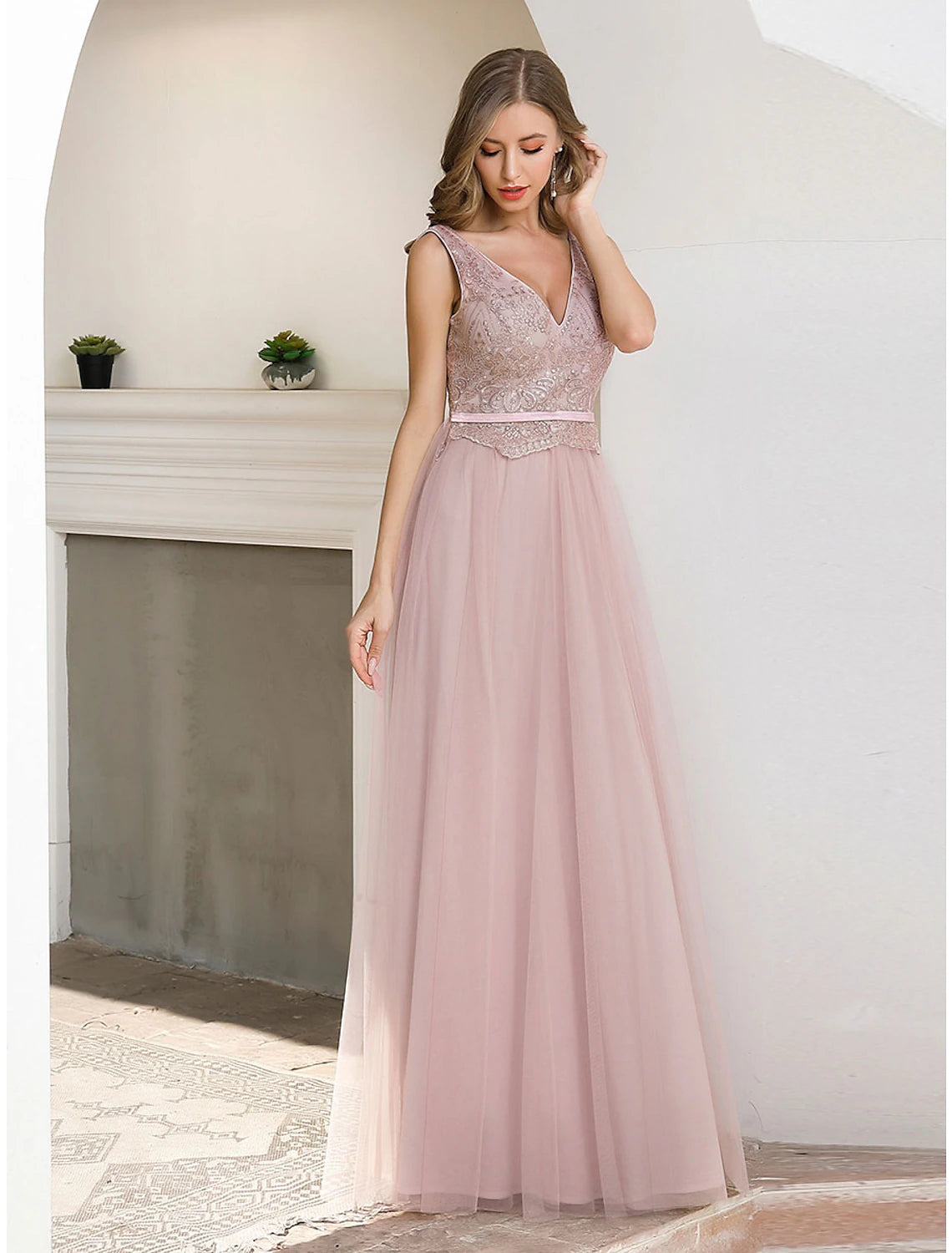 wholesa A-Line Evening Gown Elegant Dress Wedding Guest Formal Evening Floor Length Sleeveless V Neck Satin V Back with Sash / Ribbon Sequin