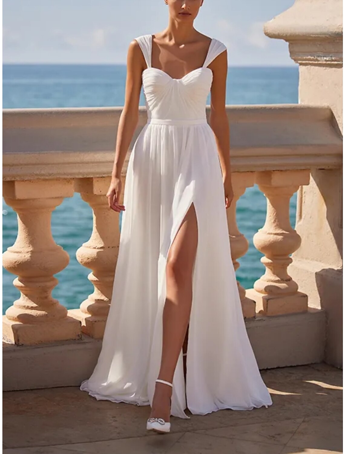 Wholesa Little White Dresses Wedding Dresses A-Line Square Neck Sleeveless Sweep / Brush Train Chiffon Bridal Gowns With Pleats Split Front