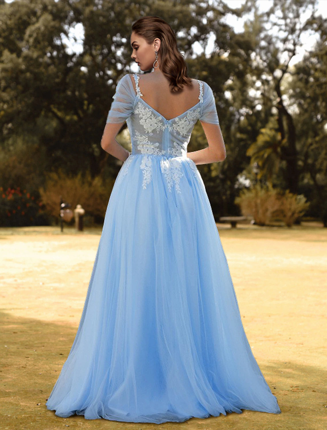 Wholesa A-Line Prom Dresses Floral Dress Wedding Guest Engagement Sweep / Brush Train Short Sleeve V Neck Tulle with Slit Appliques