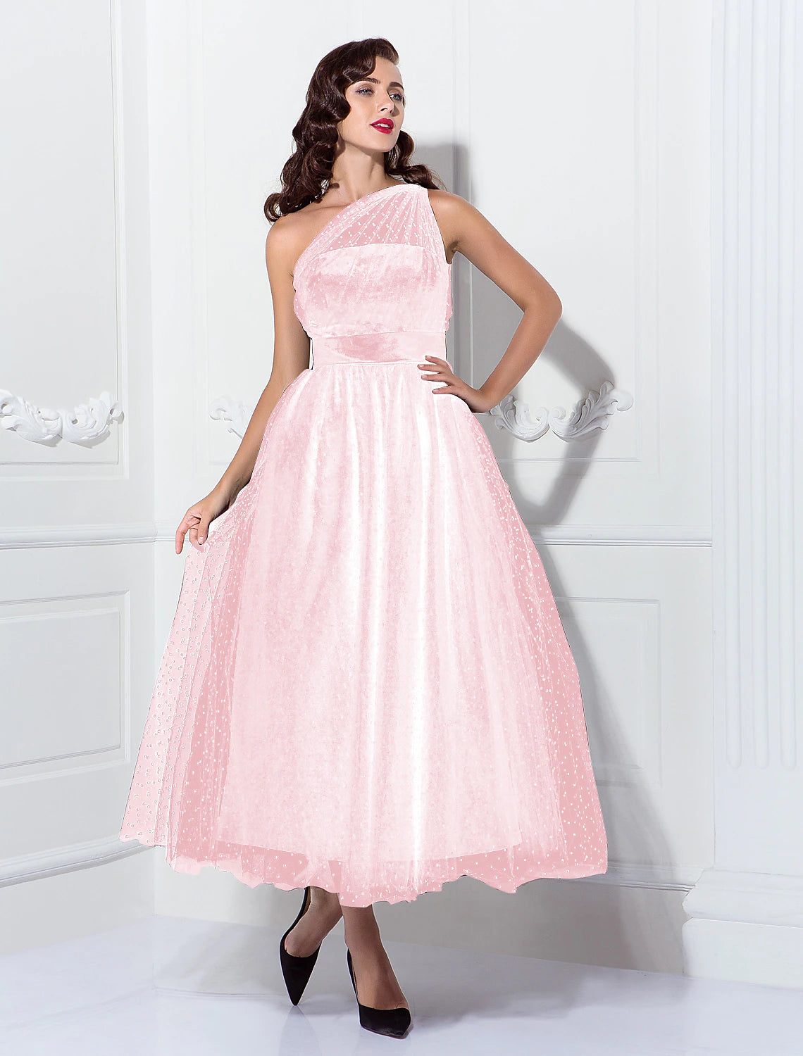 wholesale  A-Line Cocktail Black Dress Vintage Dress Halloween Ankle Length Sleeveless One Shoulder Wednesday Addams Family Tulle with Pleats Pattern / Print