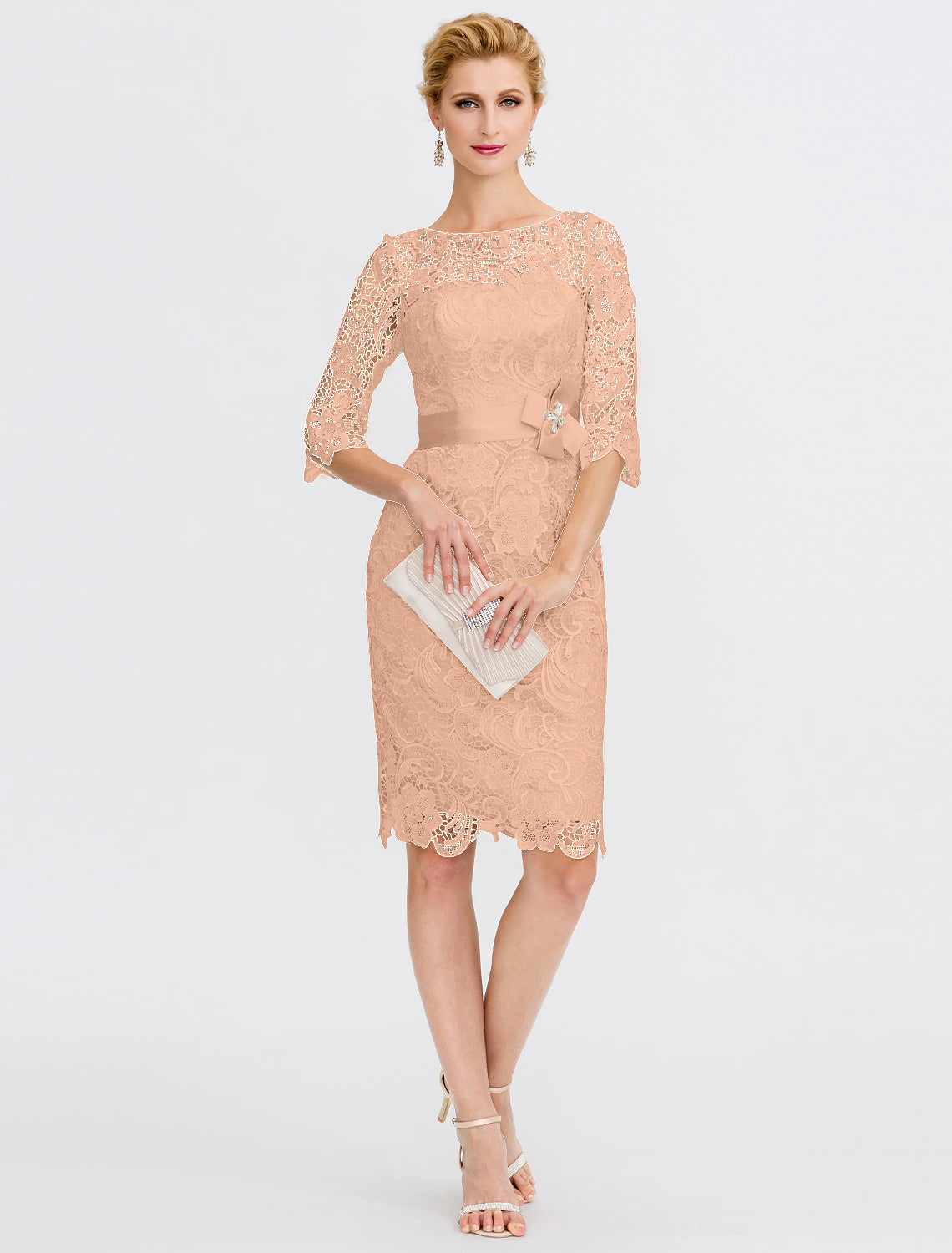 wholesale  Sheath / Column Mother of the Bride Dress Formal Wedding Guest Plus Size Elegant Illusion Neck Knee Length All Over Lace 3/4 Length Sleeve with Bow(s)