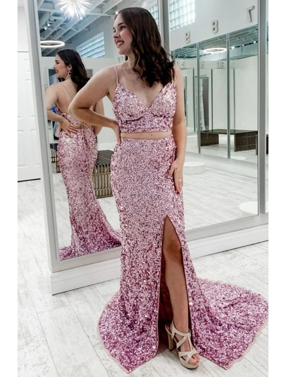Wholesa Two Piece Ball Gown Mermaid / Trumpet Prom Dresses Sparkle & Shine Dress Party Wear Prom Sweep / Brush Train Sleeveless Spaghetti Strap Sequined Backless with Sequin Slit
