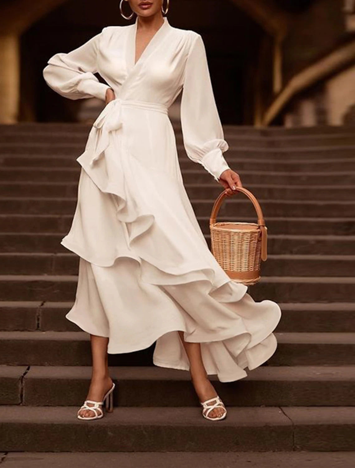 Wholesa Reception Little White Dresses Wedding Dresses A-Line V Neck Long Sleeve Asymmetrical Chiffon Bridal Gowns With Cascading Ruffles Solid Color