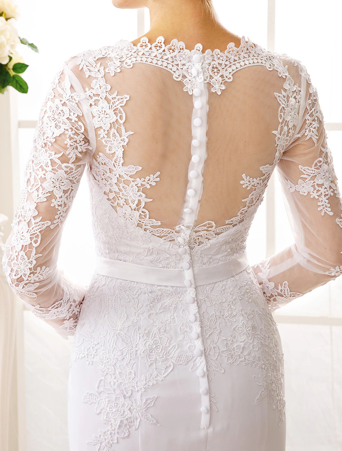 wholesale  Engagement Open Back Fall Formal Wedding Dresses Mermaid / Trumpet Illusion Neck Long Sleeve Court Train Chiffon Bridal Gowns With Sash / Ribbon Appliques