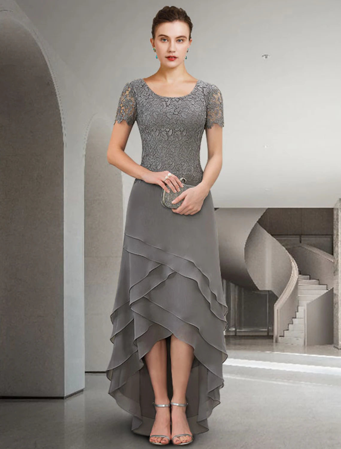 wholesale  A-Line Mother of the Bride Dress Elegant High Low Jewel Neck Asymmetrical Floor Length Chiffon Lace Short Sleeve with Appliques Cascading Ruffles