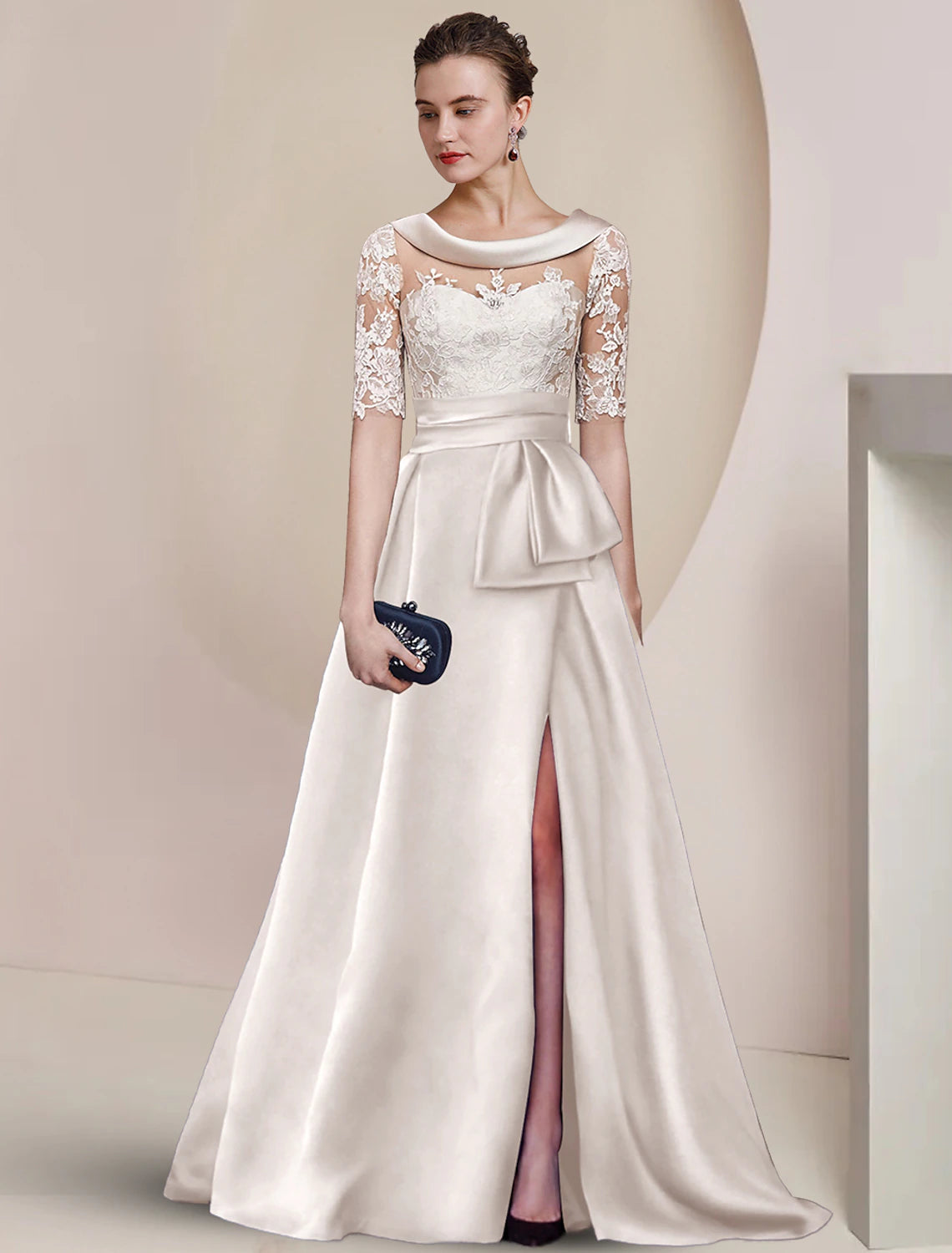 wholesale  A-Line Mother of the Bride Dress Formal Wedding Guest Elegant Scoop Neck Sweep / Brush Train Satin Lace Half Sleeve with Ruched Appliques