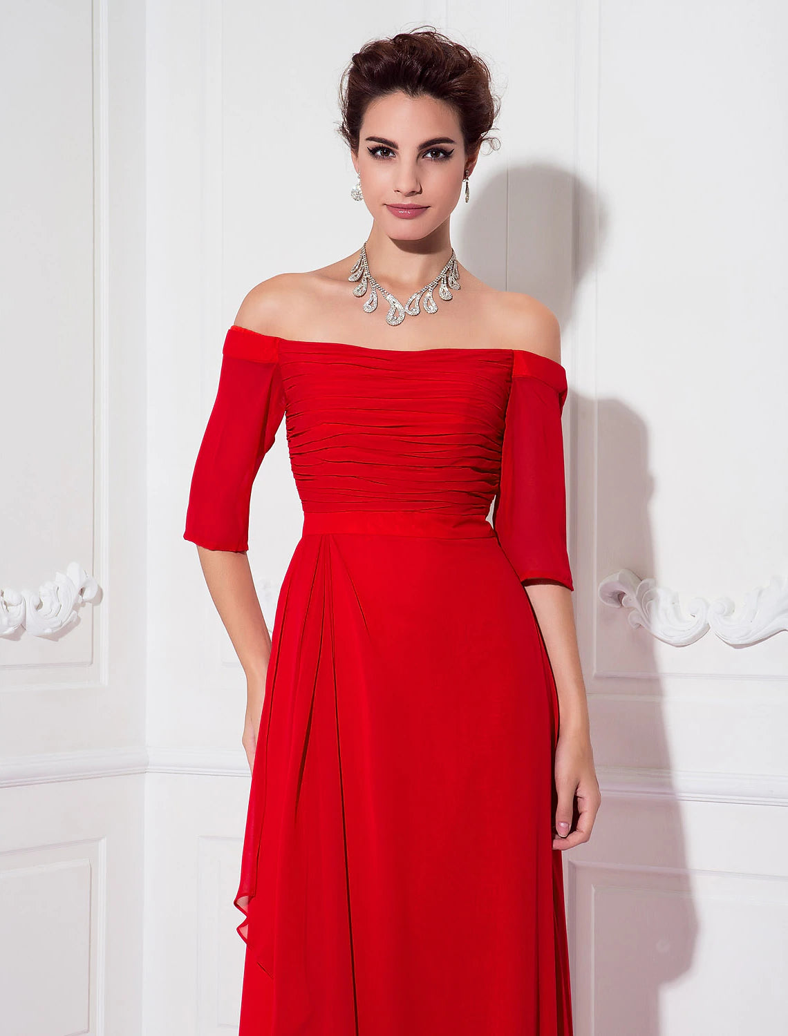 wholesa Sheath / Column Minimalist Dress Wedding Guest Formal Evening Sweep / Brush Train Half Sleeve Off Shoulder Bridesmaid Dress Chiffon with Ruched Draping