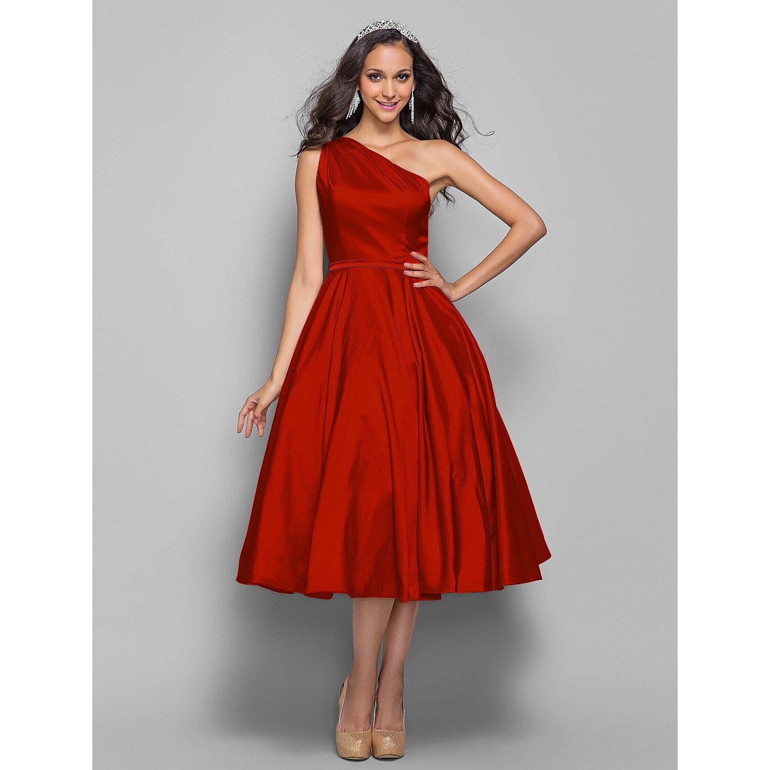 wholesale  A-Line Minimalist Elegant Cocktail Party Wedding Party Dress One Shoulder Sleeveless Tea Length Taffeta with Sash / Ribbon