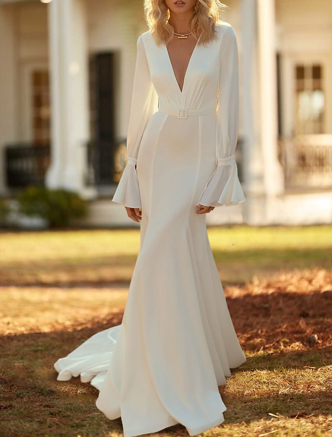 Wholesa Casual Wedding Dresses Mermaid / Trumpet V Neck Long Sleeve Court Train Chiffon Bridal Gowns With Sash / Ribbon