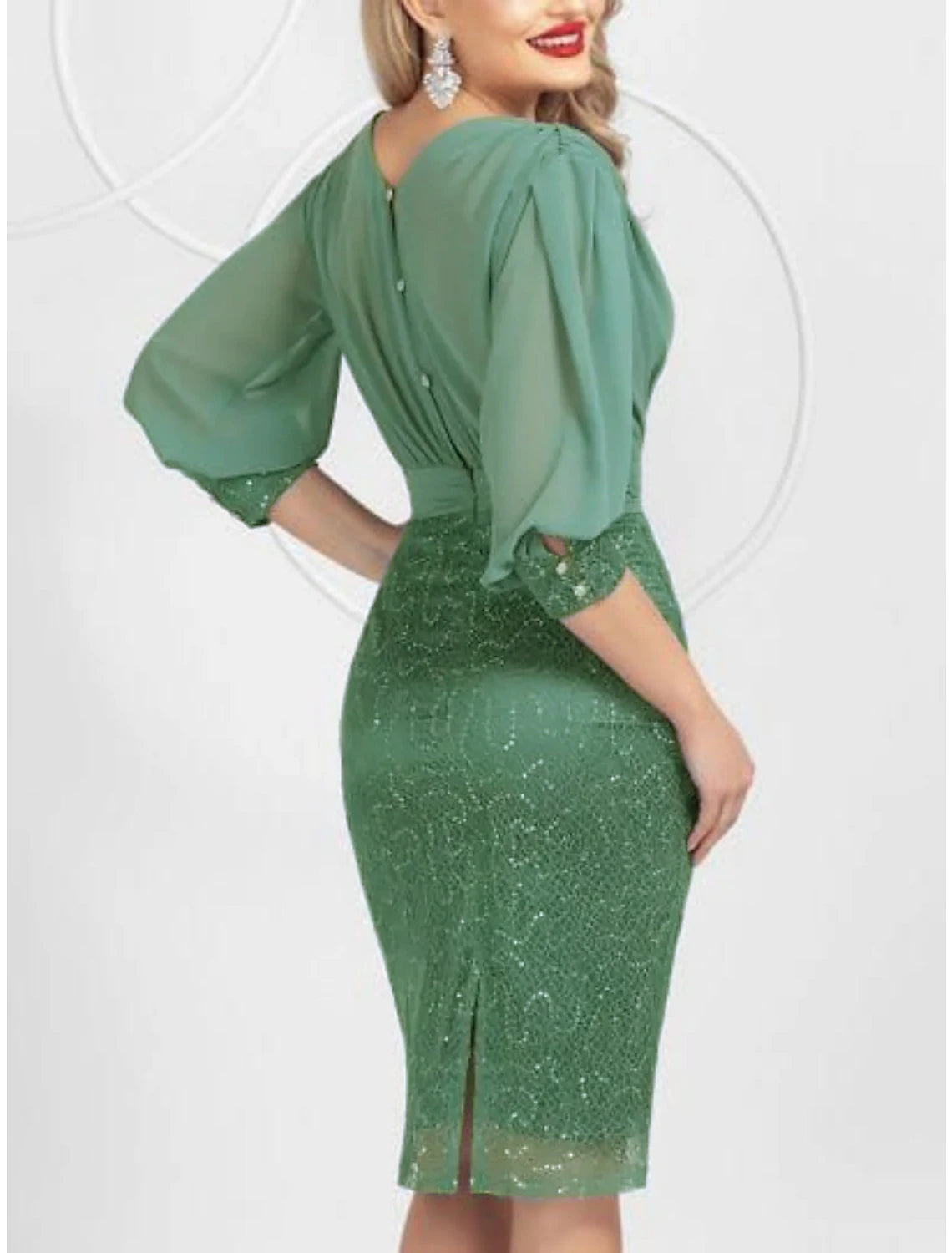 Wholesa Sheath / Column Mother of the Bride Dress Wedding Guest Elegant Party V Neck Knee Length Chiffon Lace Half Sleeve with Sequin Split Front Crystal Brooch