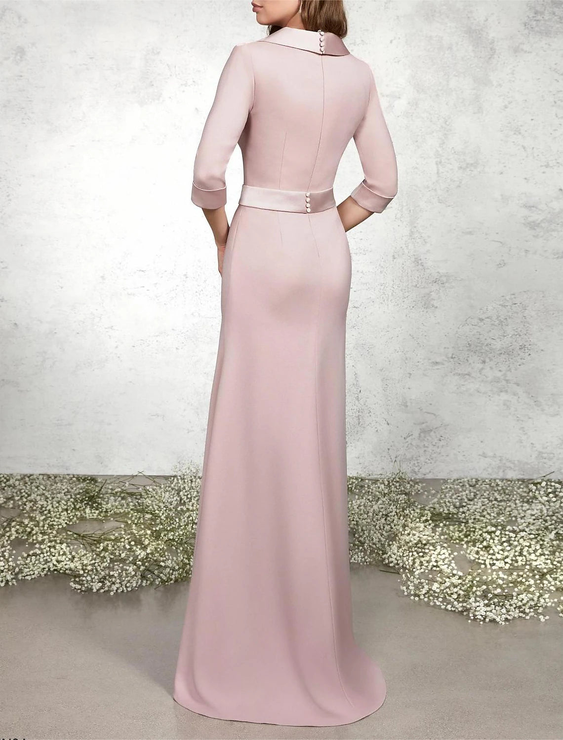 Wholesa  A-Line Mermaid / Trumpet Mother of the Bride Dress Formal Wedding Guest Elegant V Neck Floor Length Chiffon Satin Half Sleeve with Sash / Ribbon Bow(s) Buttons