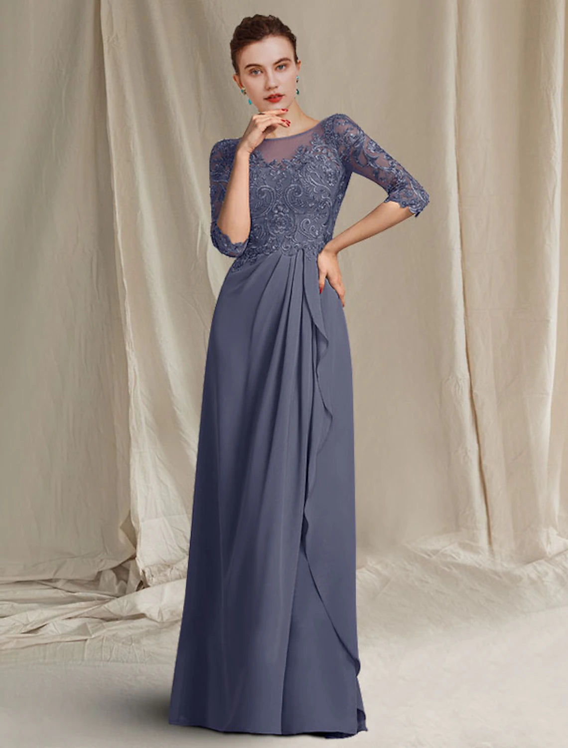 wholesale Sheath / Column Mother of the Bride Dress Plus Size Elegant Jewel Neck Floor Length Chiffon Lace 3/4 Length Sleeve with Pleats Ruffles Appliques