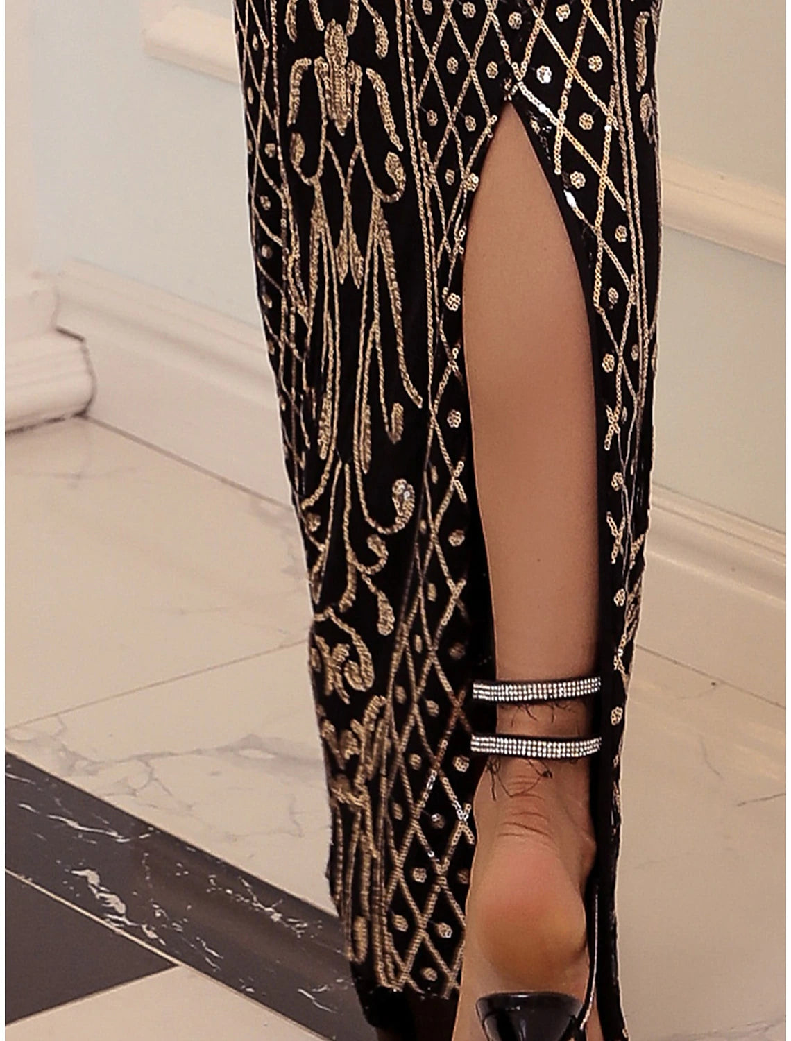 Wholesa Mermaid / Trumpet Evening Gown Sparkle & Shine Dress Formal Fall Ankle Length Long Sleeve V Neck Sequined with Glitter Slit