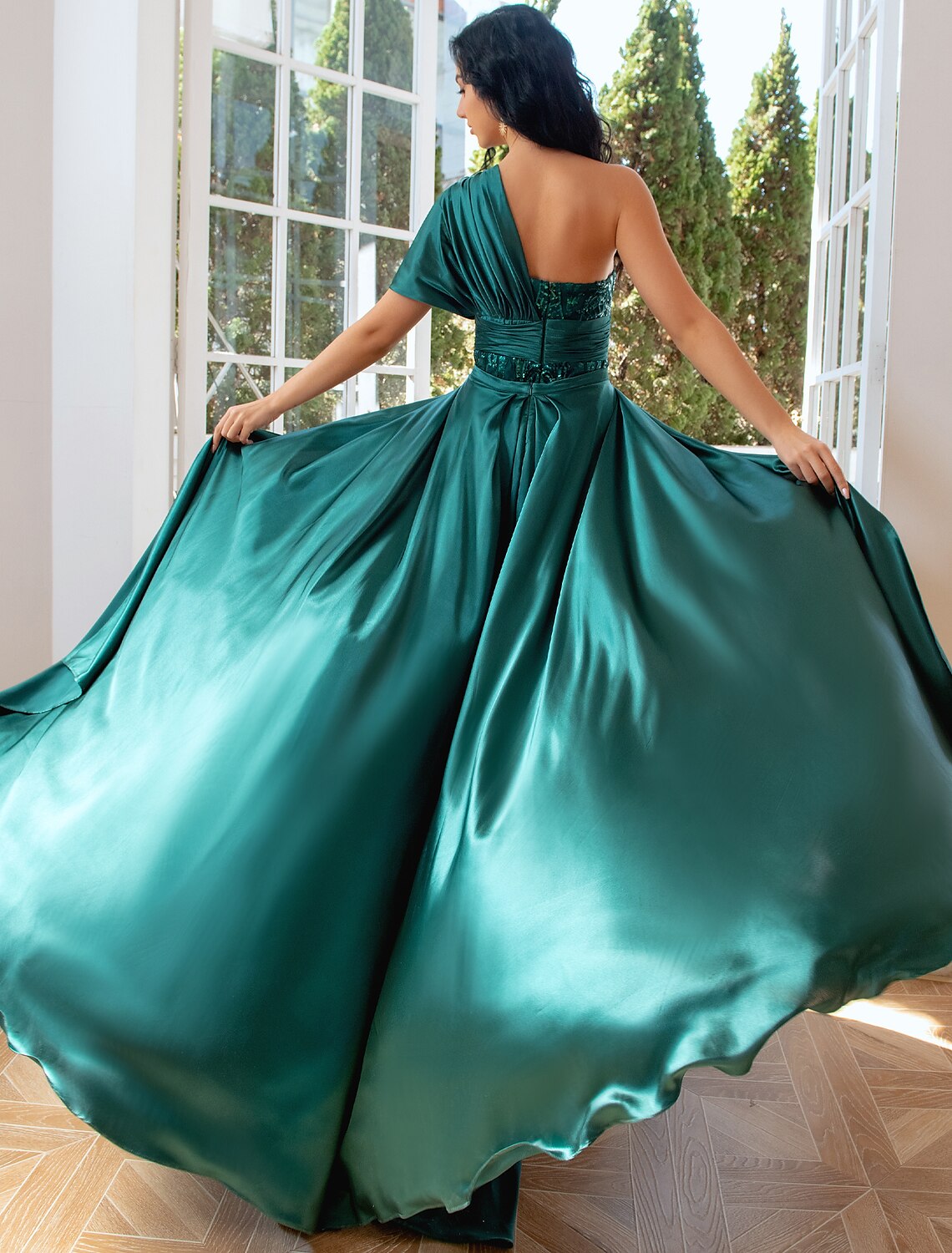 Wholesa Mermaid / Trumpet Evening Gown Luxurious Dress Wedding Party Sweep / Brush Train Short Sleeve One Shoulder Detachable Tulle with Sequin