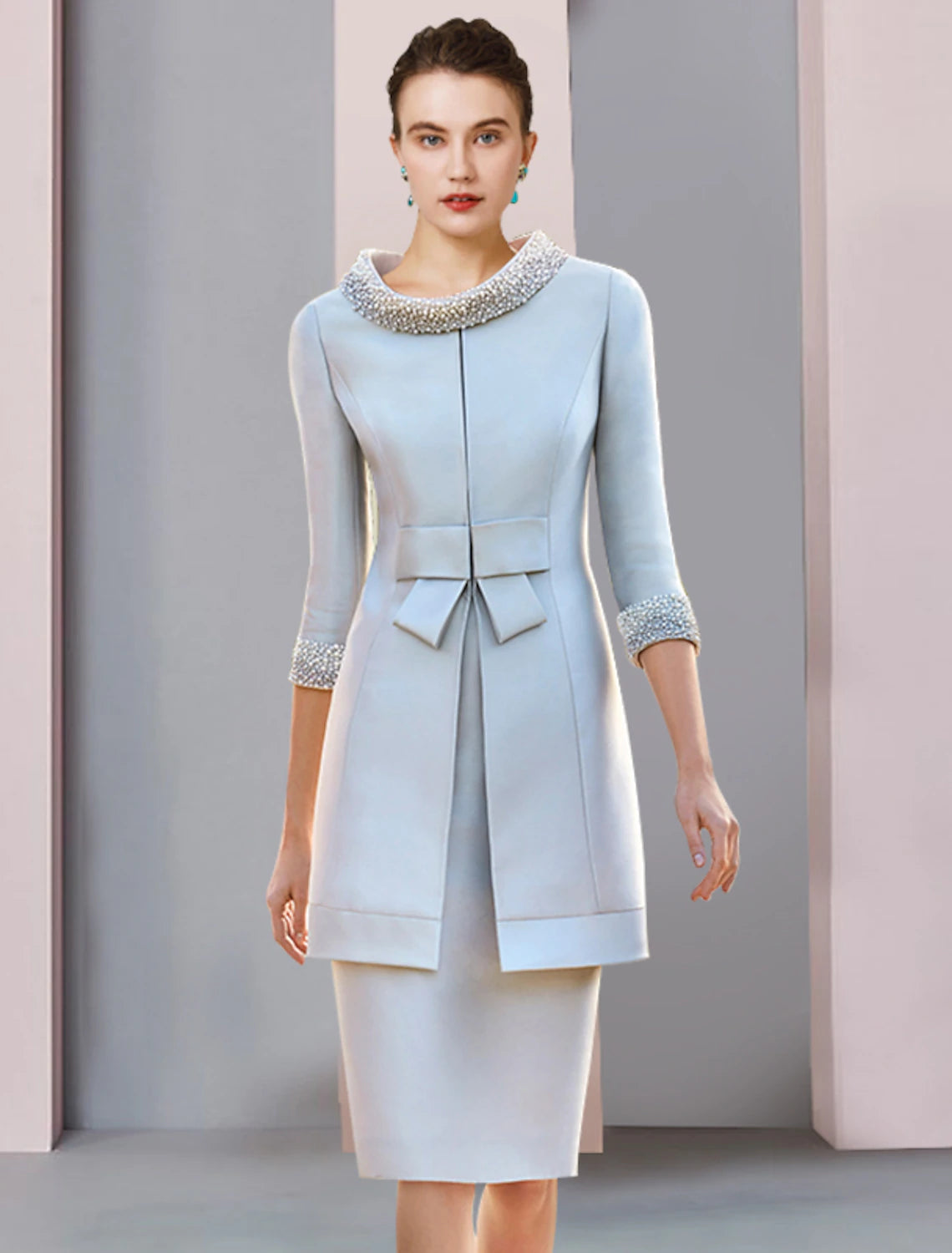 wholesale  Two Piece Mother of the Bride Dress Wedding Guest Party Elegant Scoop Neck Knee Length Satin 3/4 Length Sleeve with Bow(s) Pearls