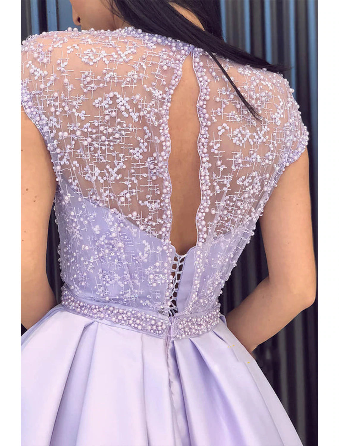 Wholesa A-Line Evening Gown Sparkle & Shine Dress Formal Wedding Court Train Short Sleeve Jewel Neck Belt / Sash Satin with Slit Appliques