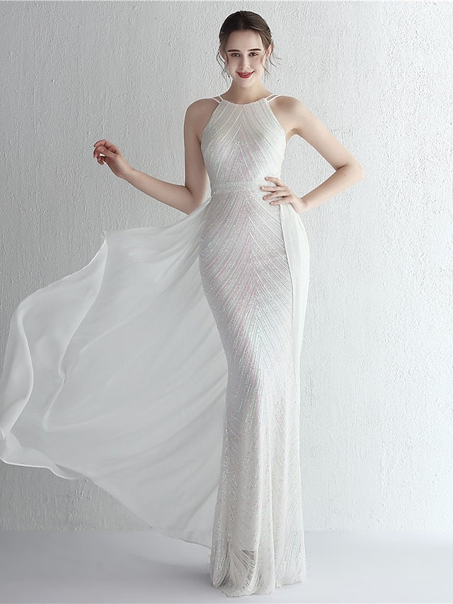 Wholesa Mermaid / Trumpet Prom Dresses Elegant Dress Formal Floor Length Sleeveless Halter Chiffon with Beading Sequin