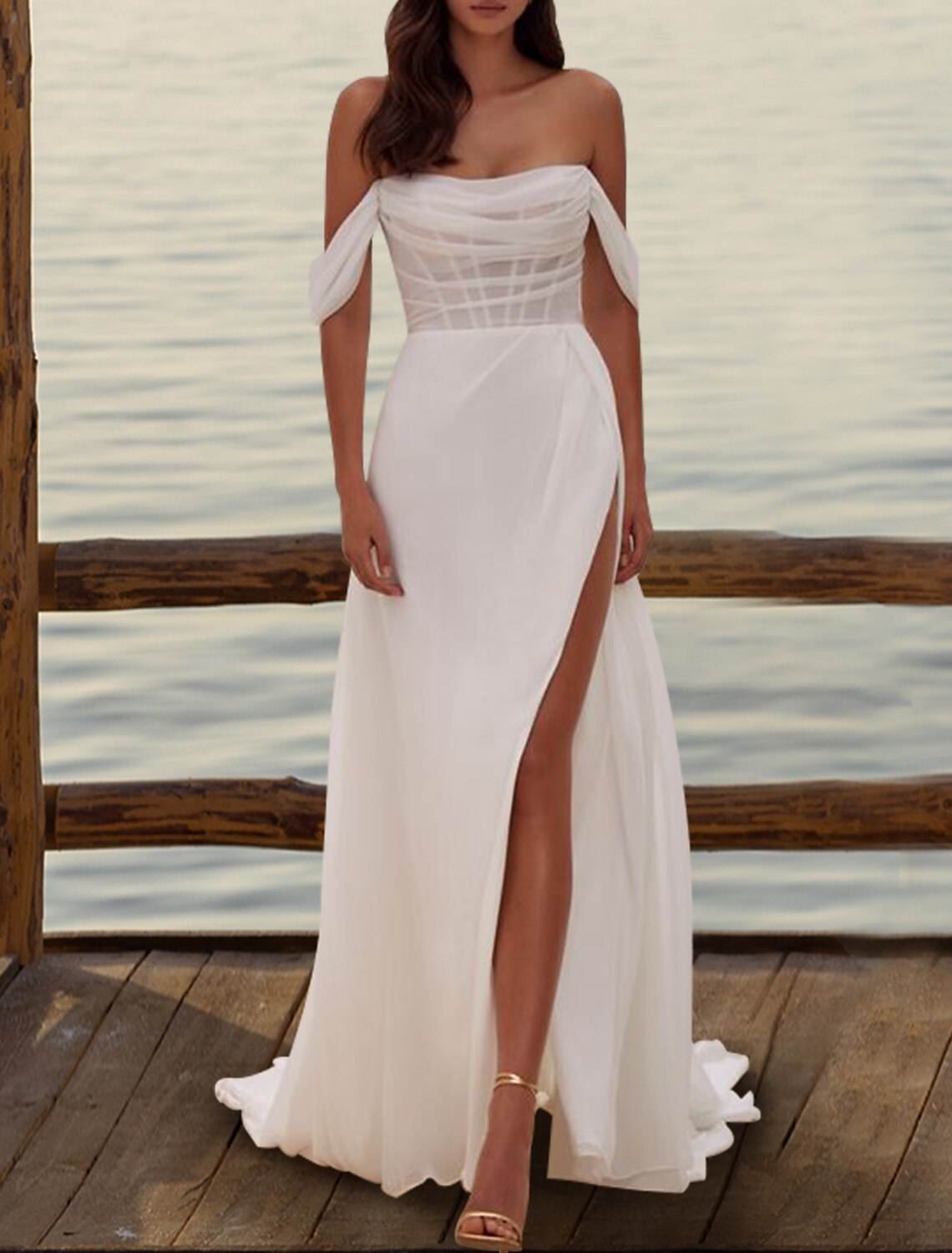 Wholesa Hall Formal Wedding Dresses Sheath / Column Off Shoulder Short Sleeve Court Train Organza Bridal Gowns With Pleats Ruched