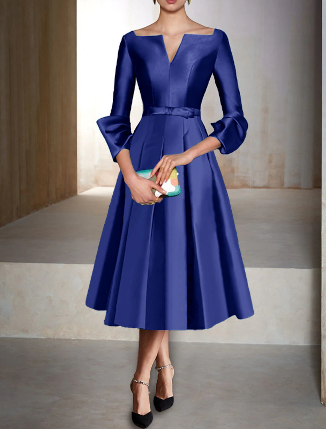 Wholesa A-Line Cocktail Dress Red Green Dresses Elegant Dress Formal Wedding Guest Tea Length 3/4 Length Sleeve V Neck Satin with Pleats