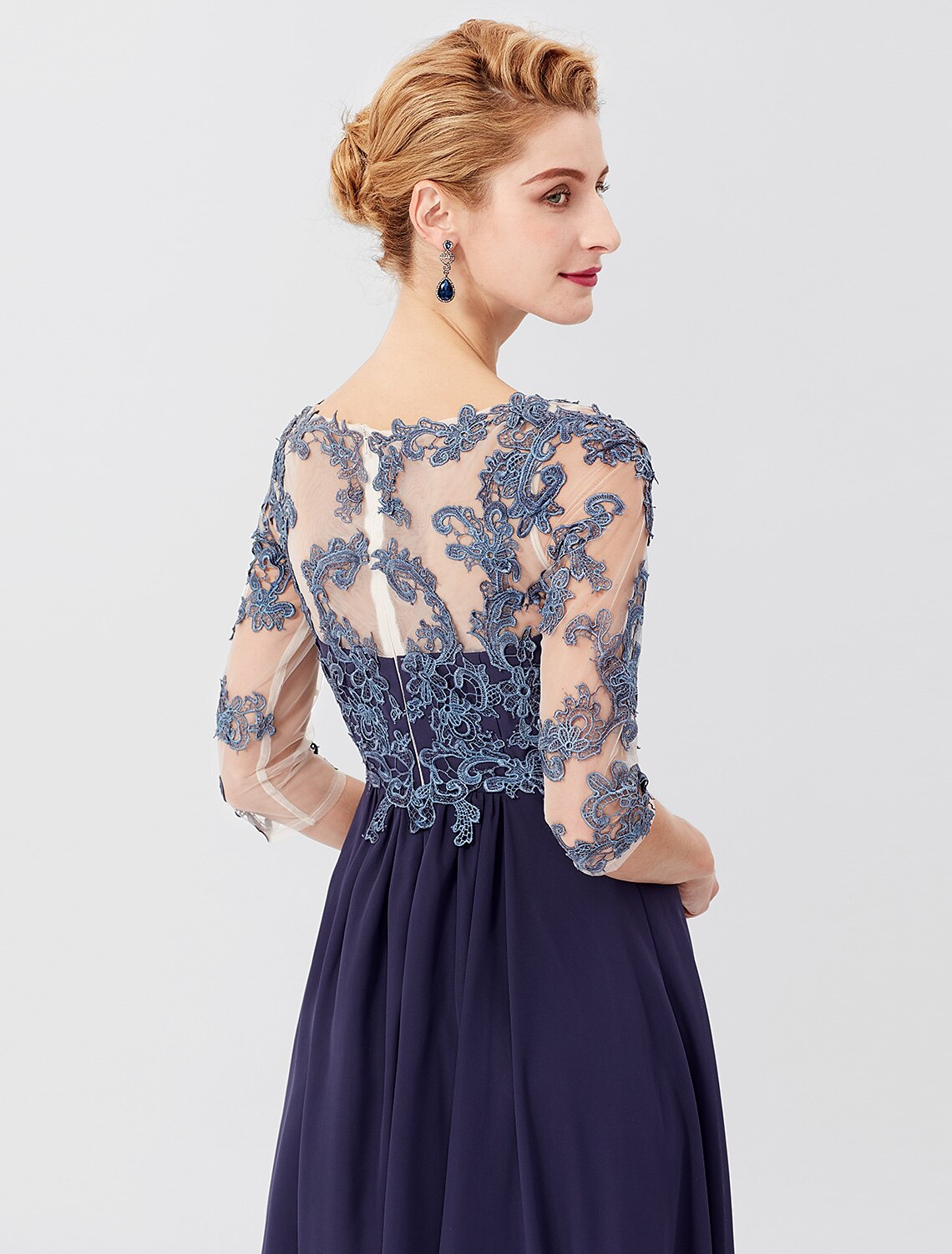 wholesale  Ball Gown A-Line Mother of the Bride Dress Formal Plus Size Elegant V Neck Floor Length Chiffon Sheer Lace 3/4 Length Sleeve with Crystals Appliques