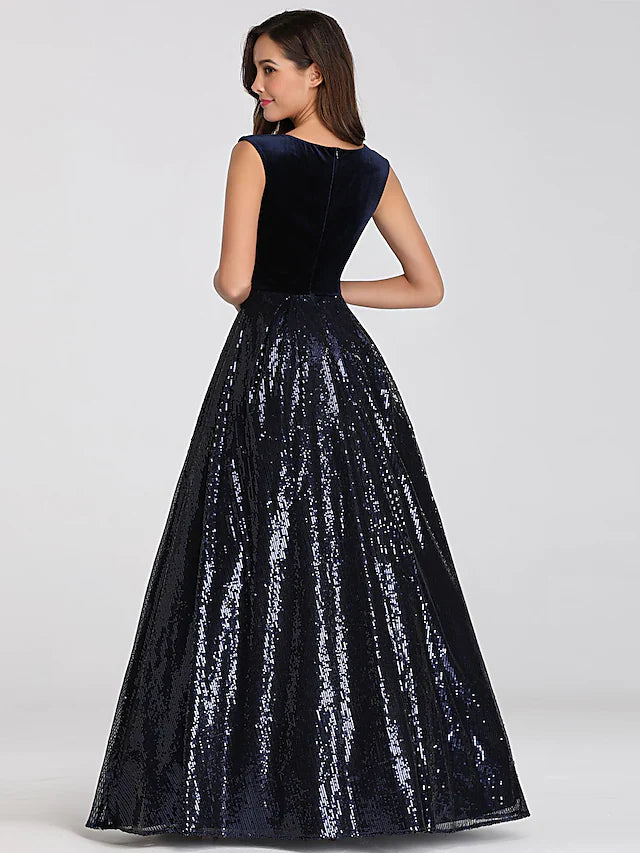 Wholesa A-Line Prom Dresses Elegant Dress Prom Floor Length Sleeveless Plunging Neck Sequined with Sash / Ribbon Beading