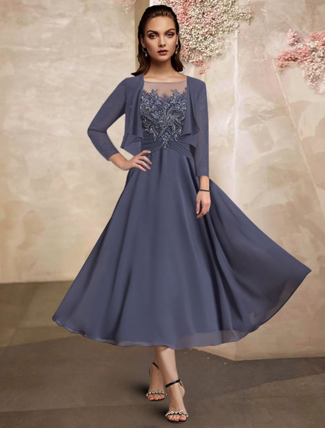 wholesale   Two Piece A-Line Mother of the Bride Dress Plus Size Elegant Jewel Neck Tea Length Chiffon Lace Half Sleeve Wrap Included with Ruched Sequin Ruffles