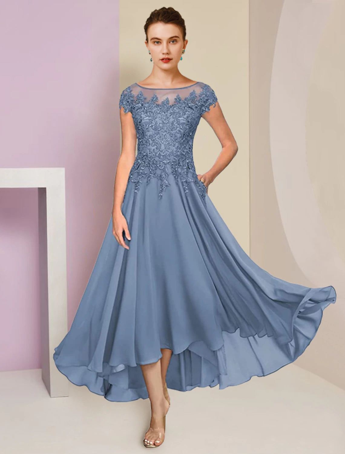 wholesale   Two Piece A-Line Mother of the Bride Dress Formal Wedding Guest Elegant High Low Scoop Neck Asymmetrical Tea Length Chiffon Lace Short Sleeve Wrap Included with Sequin Appliques