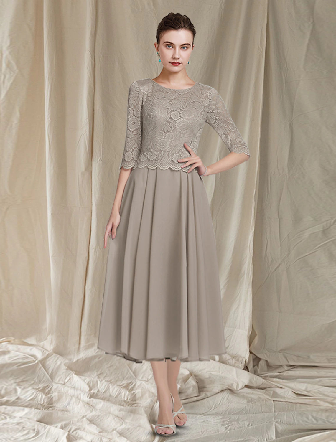 wholesale  Two Piece A-Line Mother of the Bride Dress Church Elegant Jewel Neck Tea Length Chiffon Lace Half Sleeve Jacket Dresses with Appliques