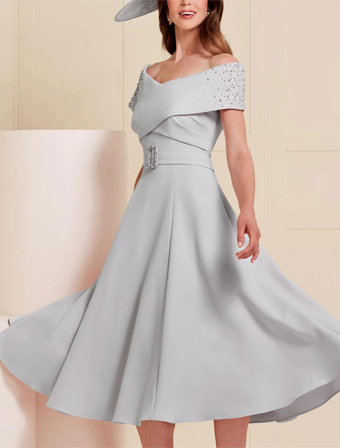 Wholesa  A-Line Mother of the Bride Dress Wedding Guest Elegant Off Shoulder Tea Length Stretch Fabric Short Sleeve with Sash / Ribbon Beading Solid Color