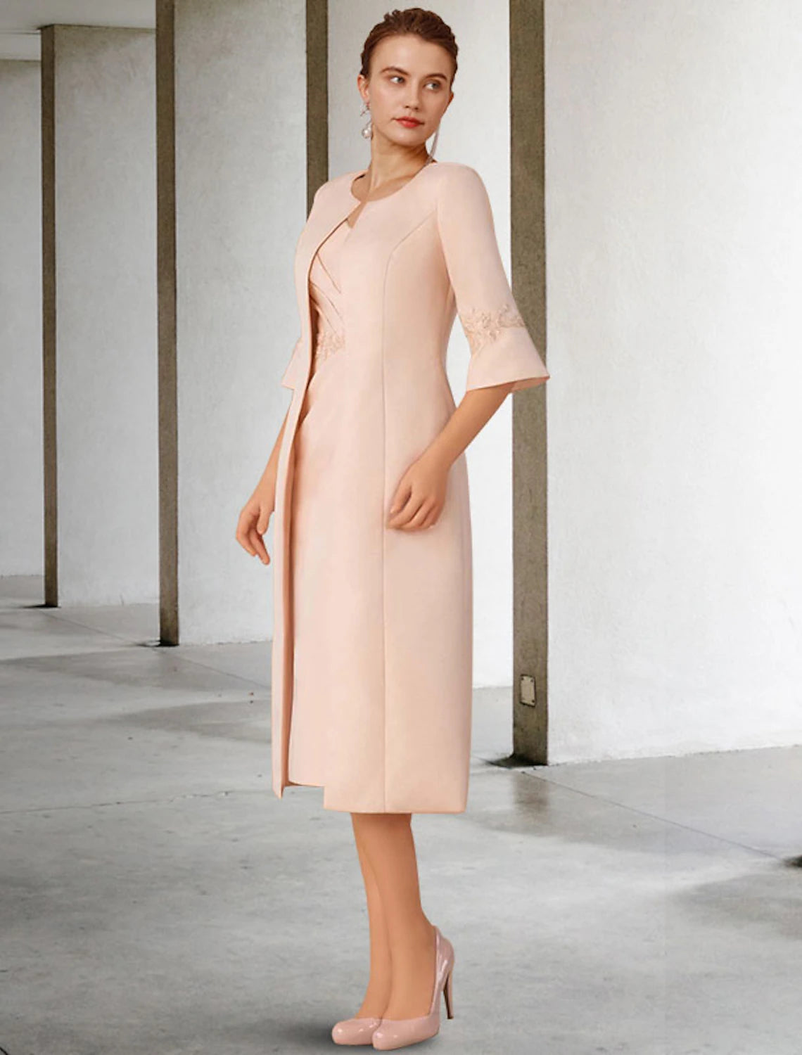 wholesale  Two Piece Sheath / Column Mother of the Bride Dress Church Elegant V Neck Knee Length Lace Stretch Chiffon Short Sleeve Jacket Dresses with Appliques Side-Draped