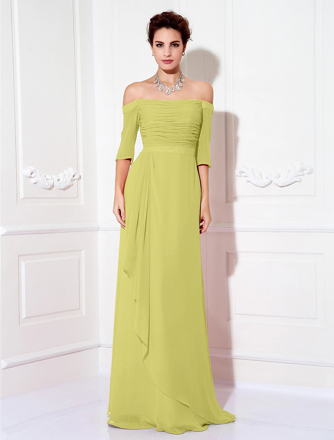 wholesa Sheath / Column Minimalist Dress Wedding Guest Formal Evening Sweep / Brush Train Half Sleeve Off Shoulder Bridesmaid Dress Chiffon with Ruched Draping